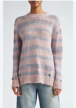 Acne Studios Distressed Striped Mohair Blend Sweater - Pink & Gray, Size L